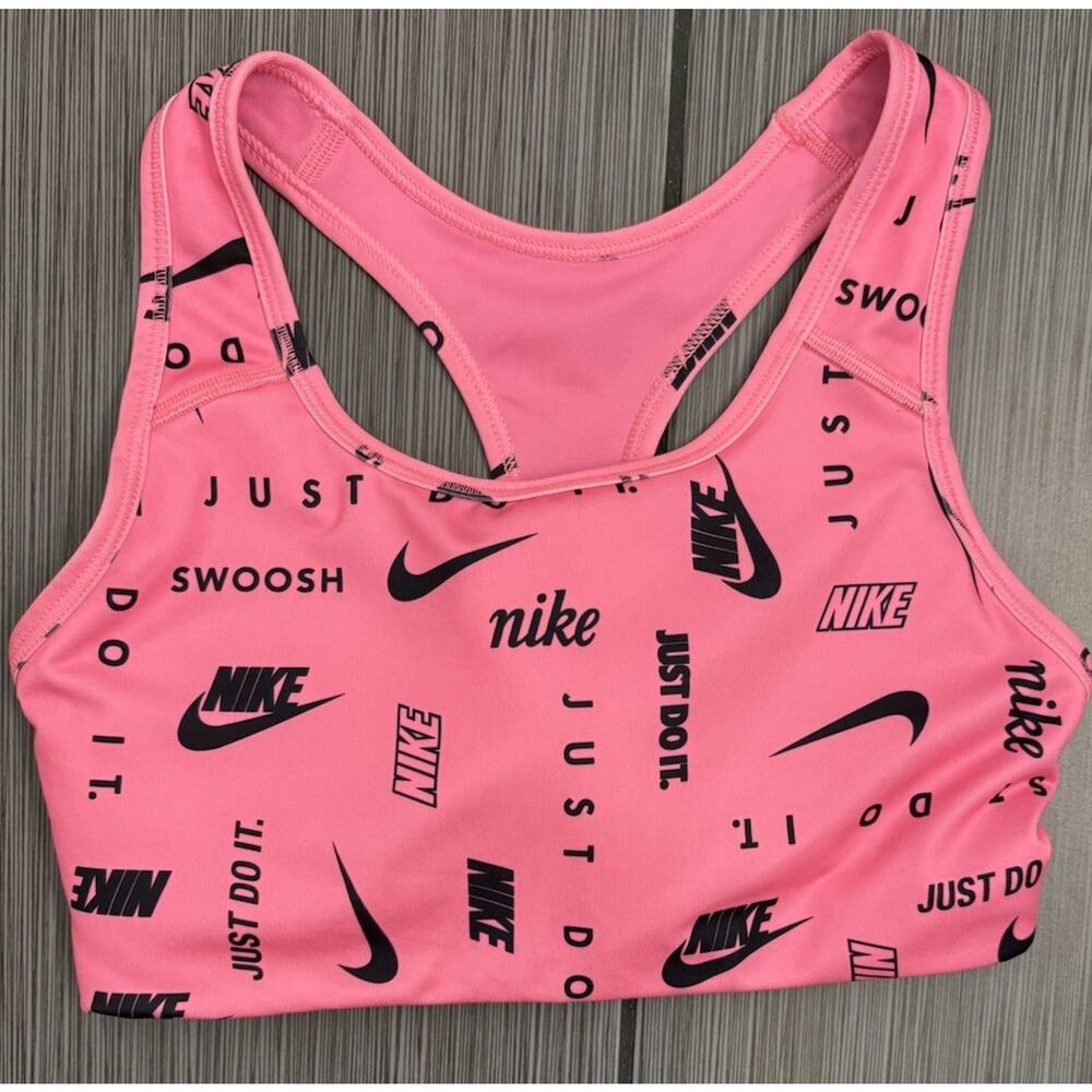 Nike Womens Dri-Fit All Over Logo Print Racerback Sports Bra Pink Size Small